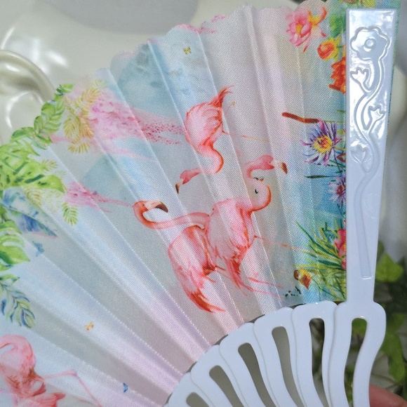 White and Pink Flamingo Floral Design Folding Hand Fan New - Picture 3 of 5